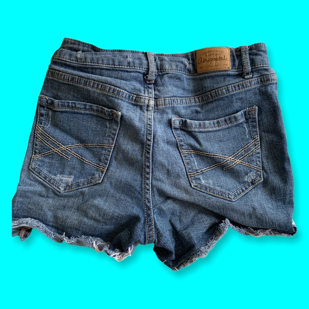 Aeropostale High-Rise Shorty Distressed Destroyed Denim Blue Jean Shorts Size 0